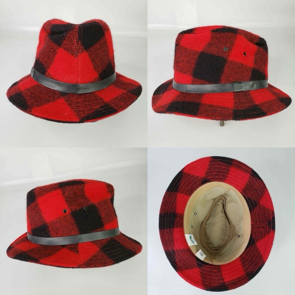 Vintage Woolrich Buffalo Plaid Fedora Men’s Medium Red Black Wool Leather